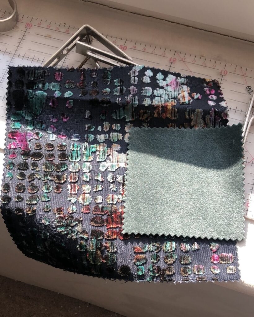 Velvet fabric samples for this living room renovation. Green velvet & multi moody colours.