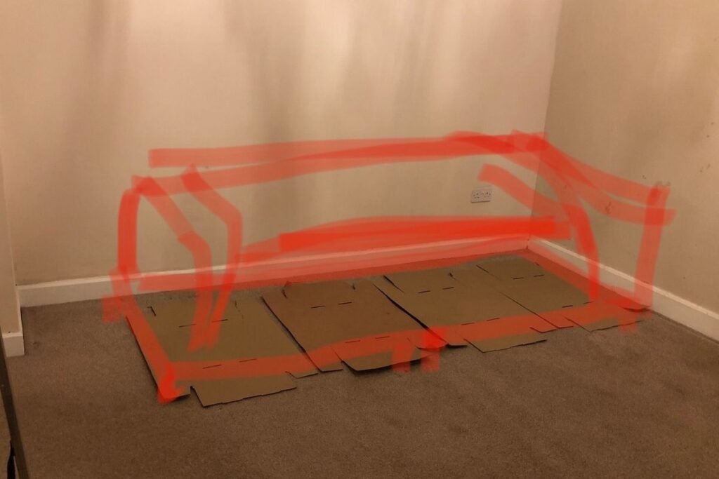 4 seater sofa planning idea made from cupboard box and rough sketch