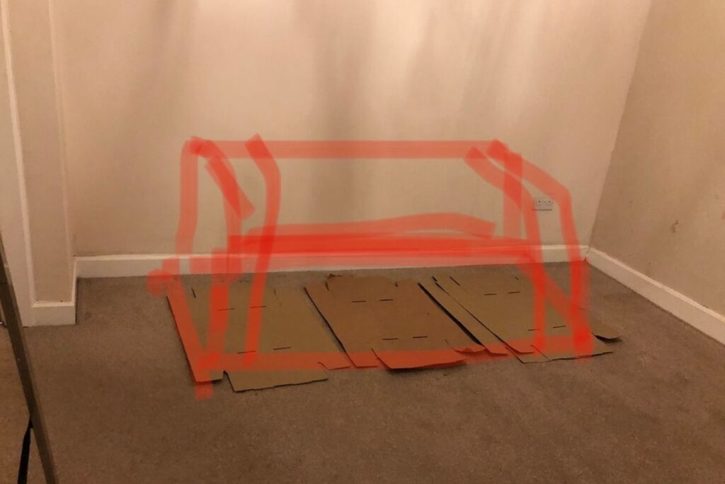 3 seater sofa planning idea made from cupboard box and rough sketch